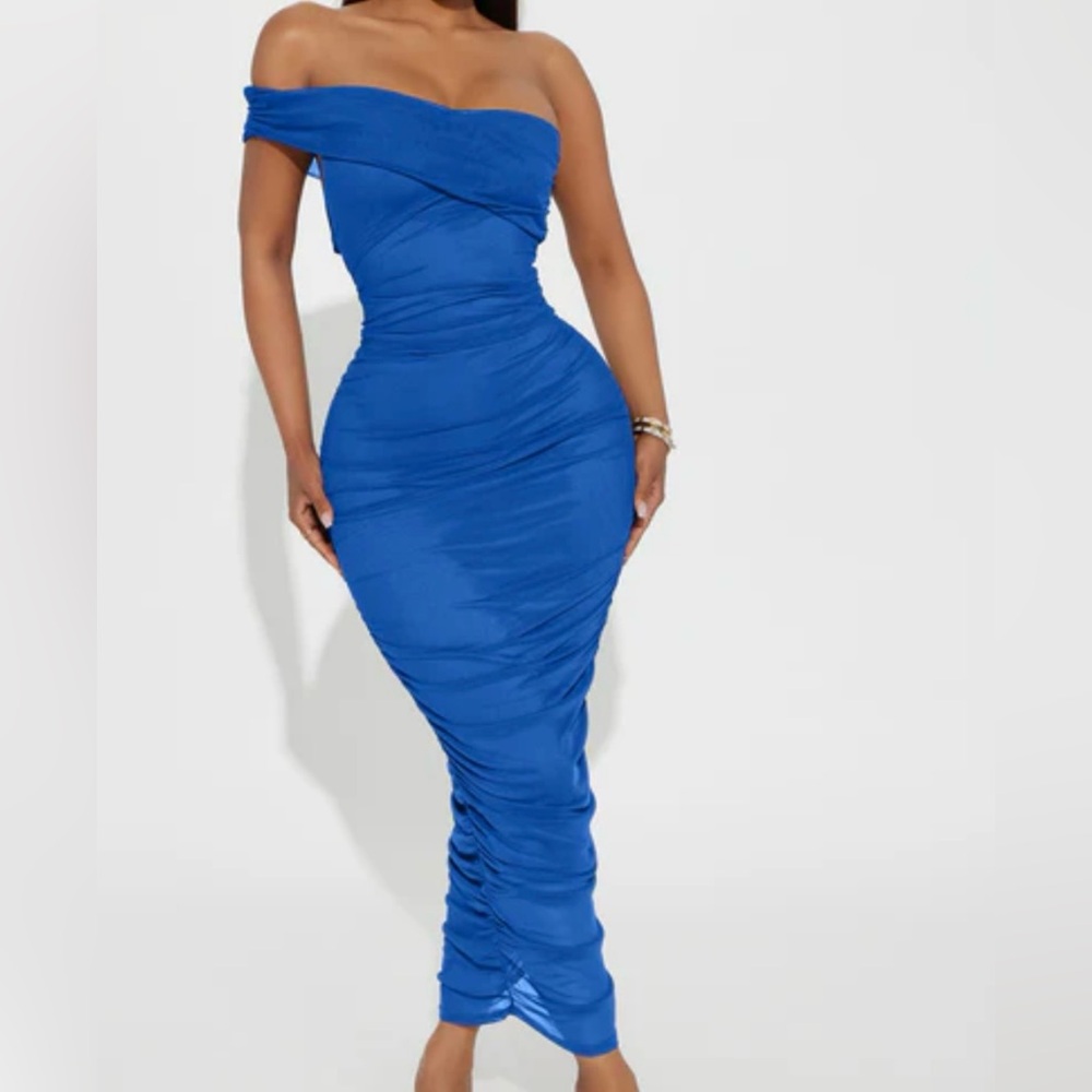 Fashion Nova Blue Asymmetrical Ruched Bodycon Dress